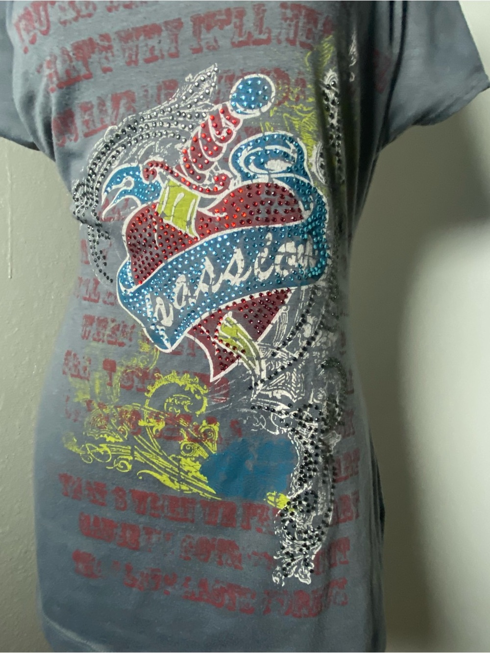 Y2K Grey Passion Rhinestone Graphic Top Size Medium - Picture 3 of 9